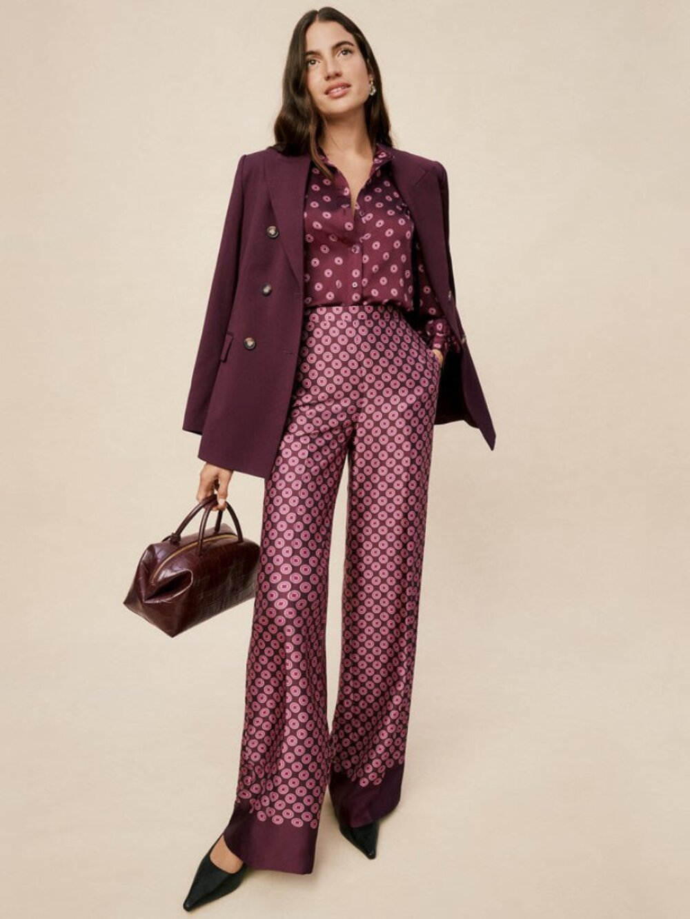 Ann Taylor Wide Leg Pant in Geo Satin Poised Plum Size Petite 10